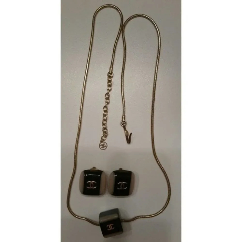 Vintage Authentic Chanel Logo Necklace &  Square Clip Earrings Set ~ Signature - Picture 5 of 11